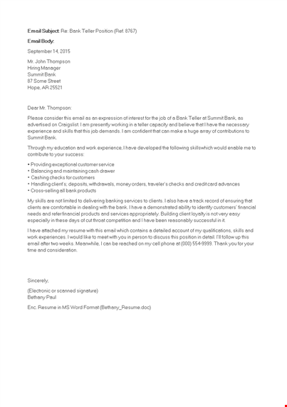 teller email cover letter template