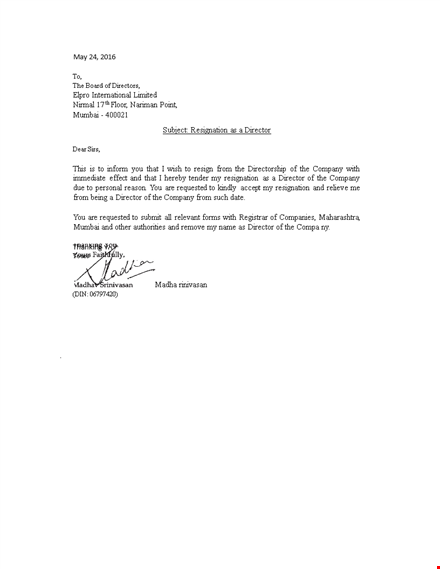 immediate resignation letter due to personal reasons template