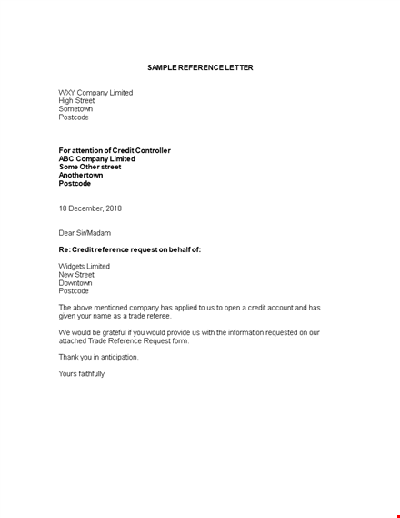 credit reference letter from supplier template