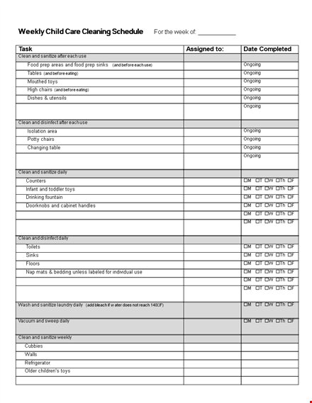 daycare weekly schedule template - daily clean, ongoing sanitize template