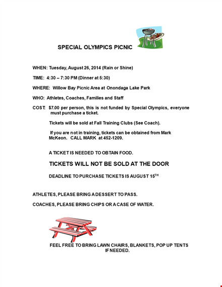 special olympics picnic flyer template - bring your tickets template