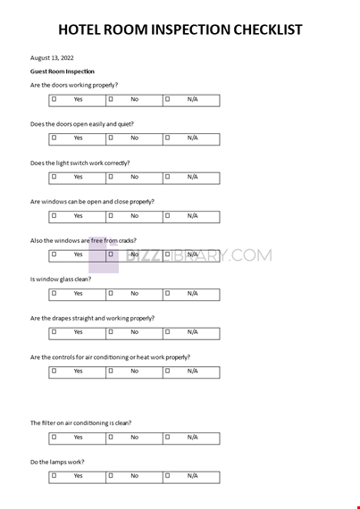 hotel room inspection template template