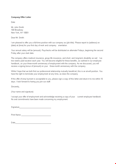 free company offer letter template template