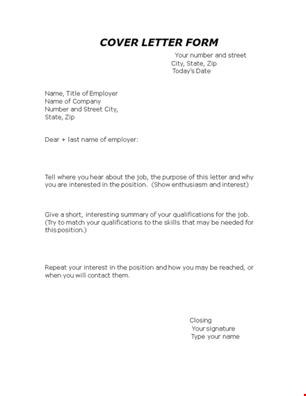 cover letter form template | pdf format | letter for position | [number] available template