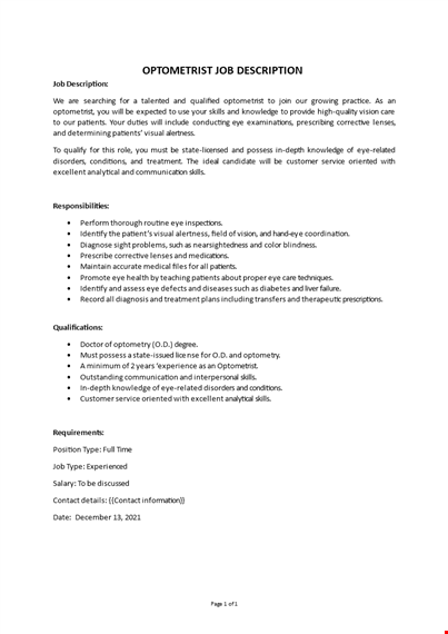 optometrist job description template