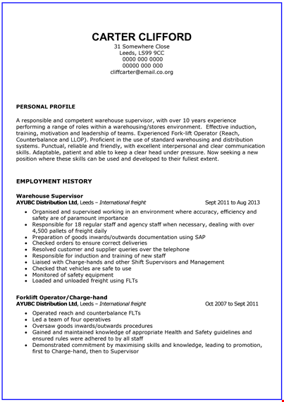 experienced general warehouse worker resume | training, distribution | leeds template