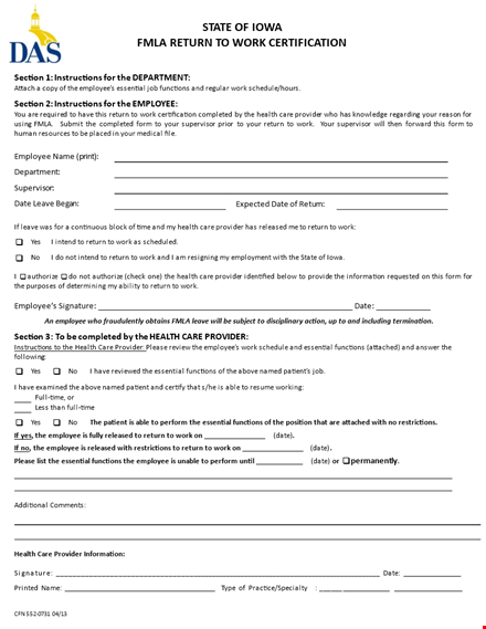 return to work form | employee health | return template