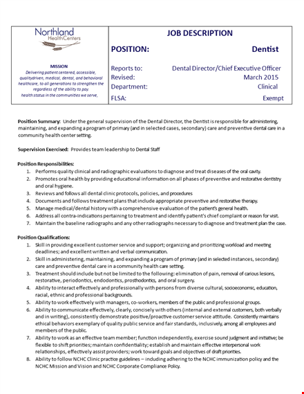 dentist director job description - dental position with ability template