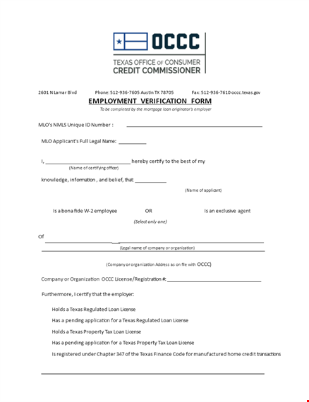 employment verification form for mortgage and texas license template