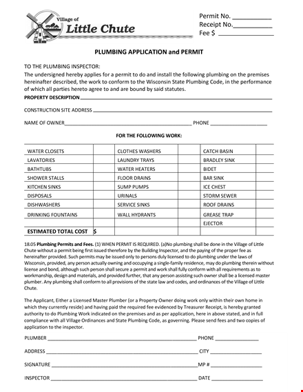 plumbing receipt for permit, inspection, and plumbing work template