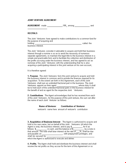 joint venture agreement template - business agreement for joint venturers & agents template