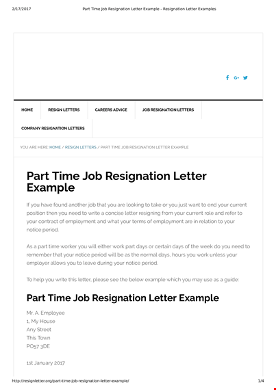part time job resignation letter template template
