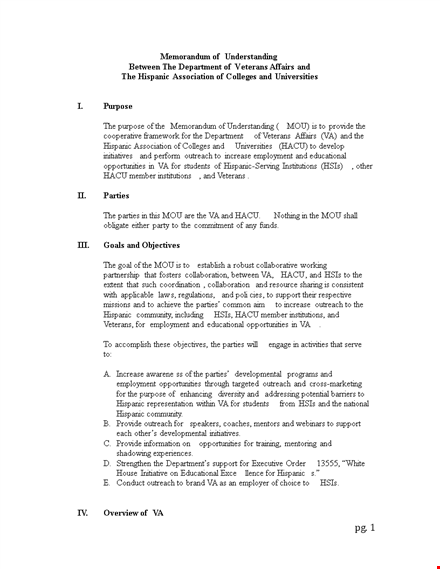 memorandum of understanding template for veterans and parties template