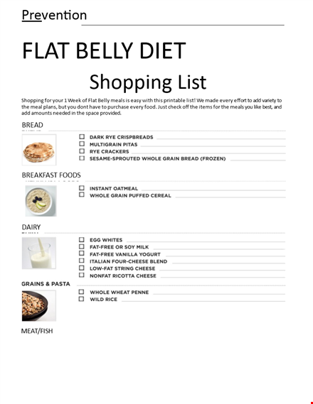 printable diet shopping list for healthy eating & prevention of belly fat template