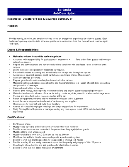 food and beverage bartender job description template