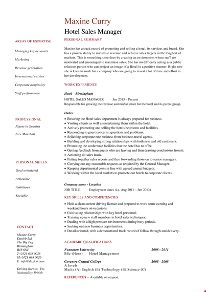 hospitality sales manager resume | business sales expert at hotels | maxine | dayjob template