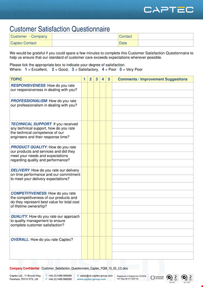 customer satisfaction survey questionnaire - ensuring quality at captec template