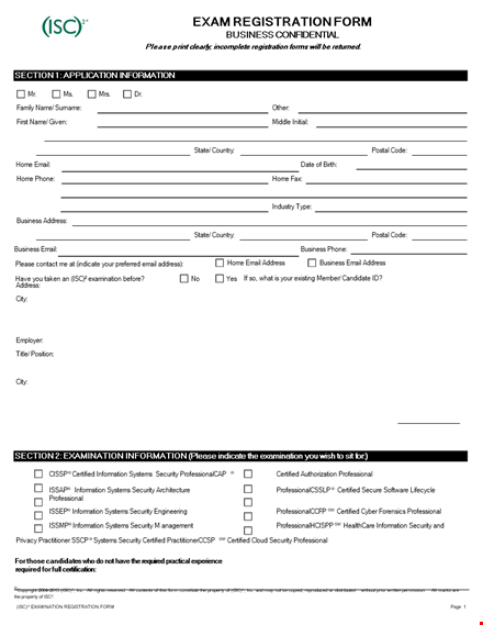 printable exam registration form template