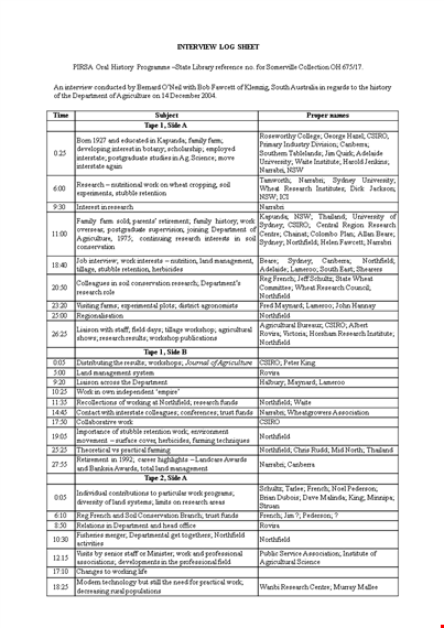 log sheet for research department - northfield and narrabri template