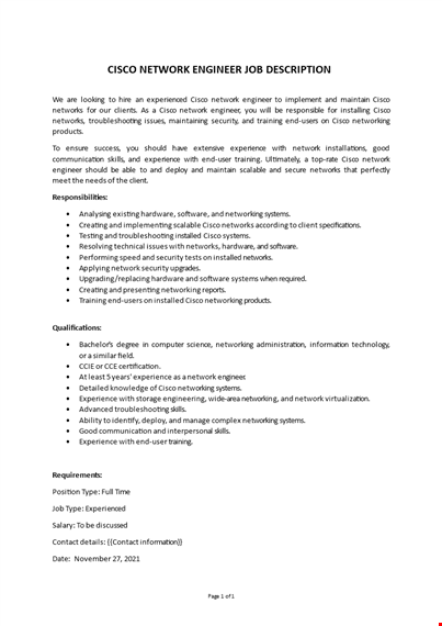 cisco network engineer job description template