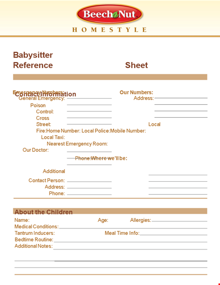 babysitter reference page template for local use | sheet with number template