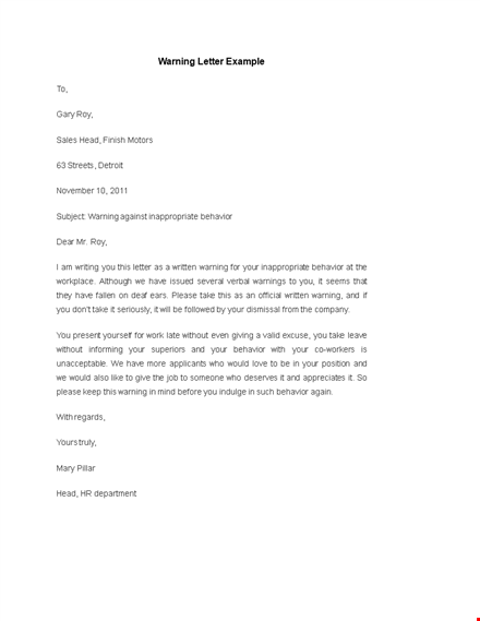 effective employee warning letter to address inappropriate behavior template
