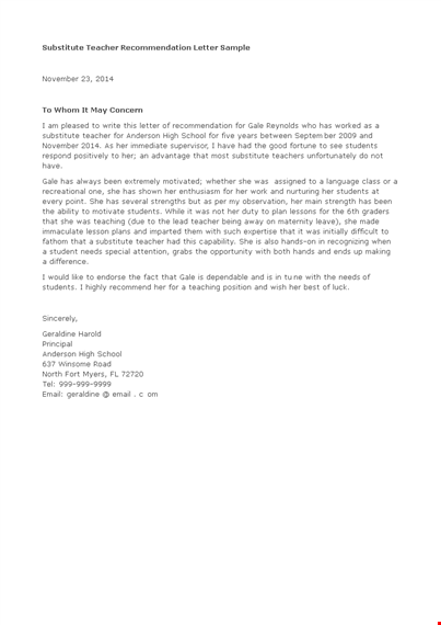 letter of recommendation for substitute teacher template
