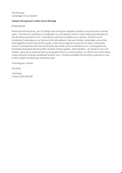 resignation letter for teacher due to marriage template
