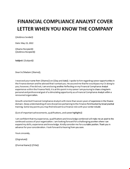 financial compliance analyst sample cover letter template