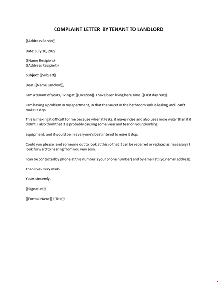 letter of complaint to the landlord template