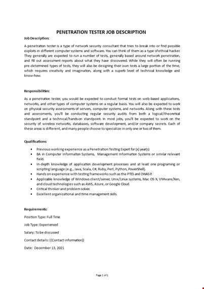 penetration tester job description  template