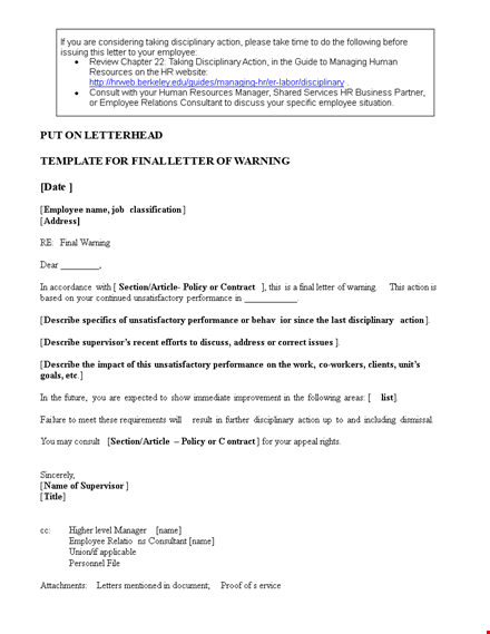 sample final warning letter for poor performance template