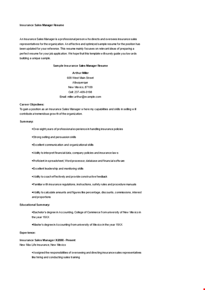 insurance sales manager resume template