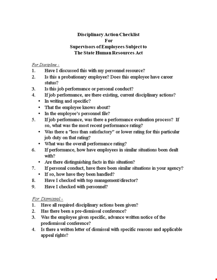 employee disciplinary action checklist - improve employee performance, addressing rating issues template