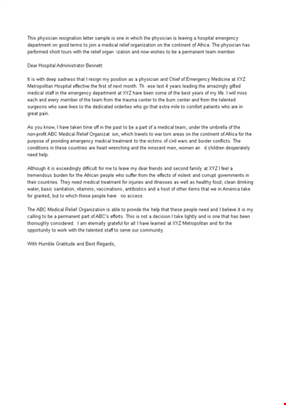 medical emergency resignation letter template