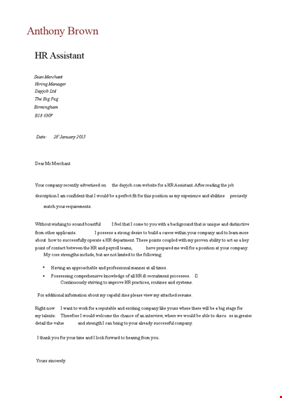 hr assistant cover letter template