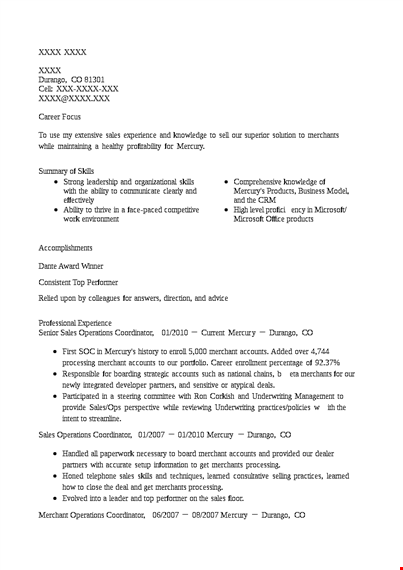 sales operations coordinator resume template