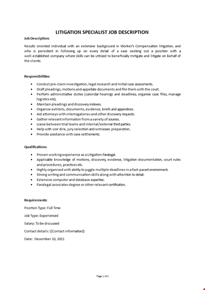 litigation specialist job description template