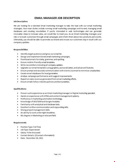 email manager job description template