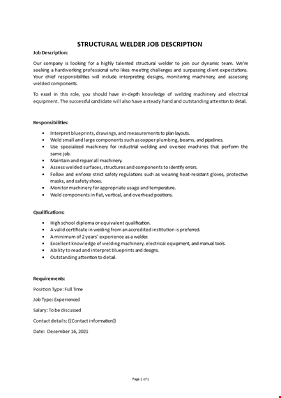 structural welder job description template