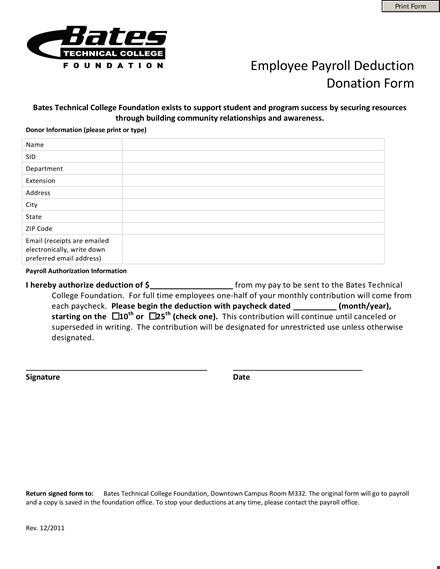 payroll deduction form for donations to the foundation template
