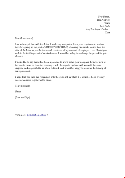 regretful resignation: formal resignation letter with genuine regret template