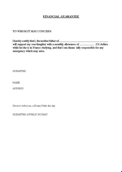 financial guarantee letter template - public | signature template