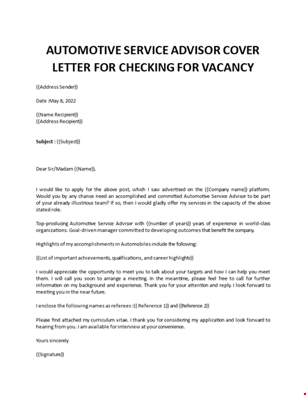 automotive service advisor cover letter template