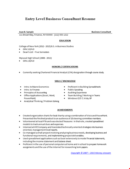 entry level business consultant resume template