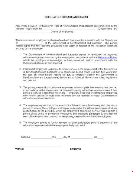 newfoundland relocation expense agreement for government employees template