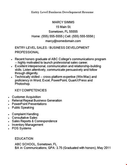 entry level business development resume template