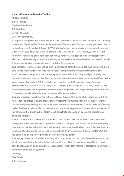 formal letter of recommendation for teacher template