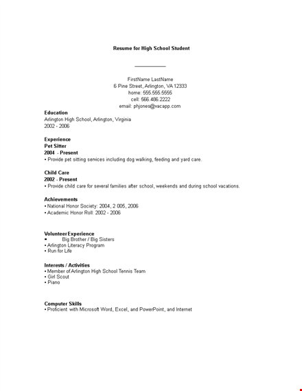 free sample resume for high school student template