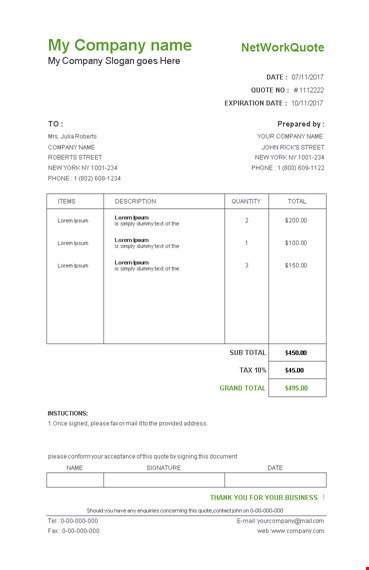 network quotation template